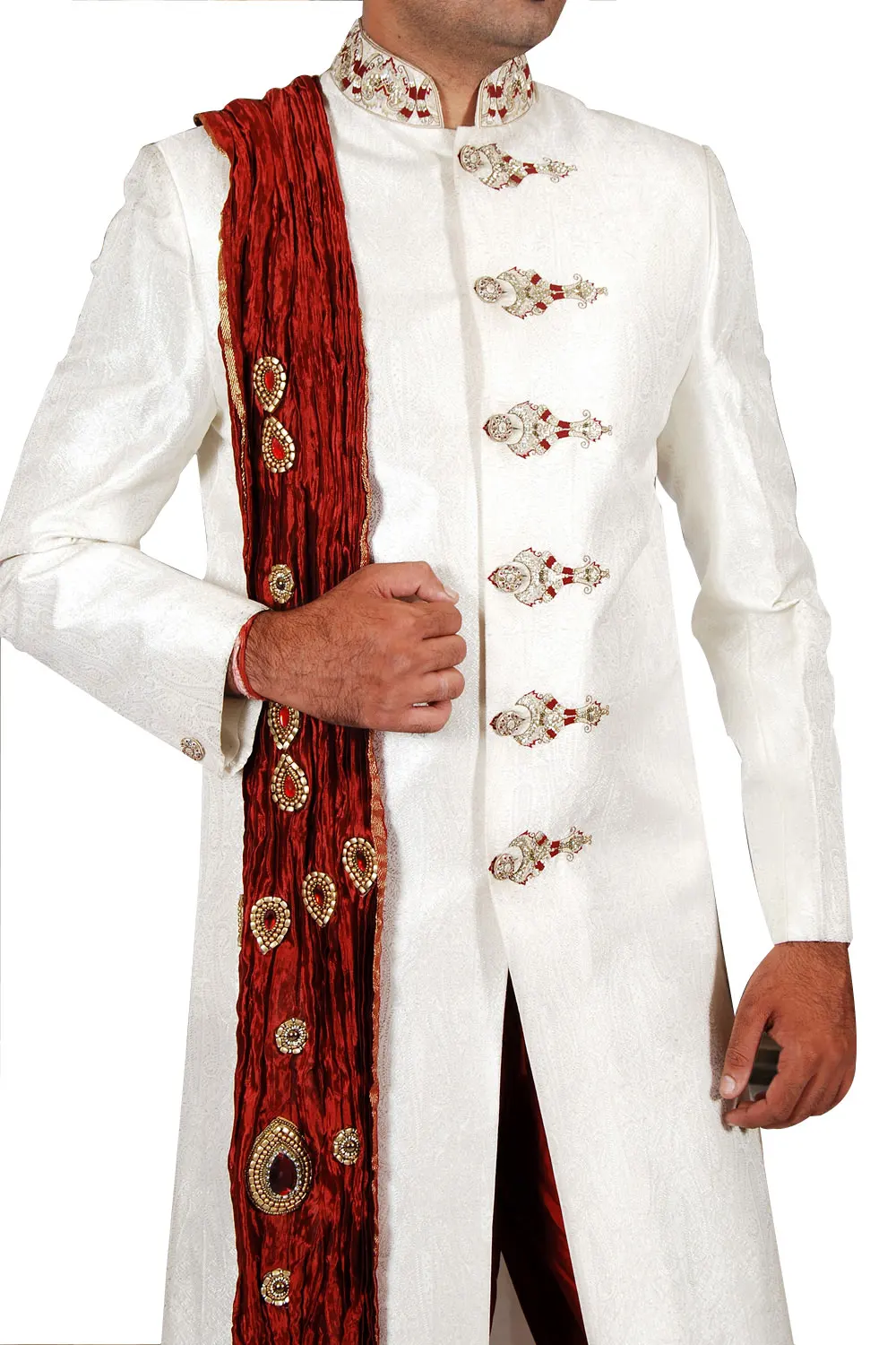 
Unique Designer Indian Wedding Cream Sherwani For Men Made With Premium Silk Brocade And Fabricated, Golden Moonga 