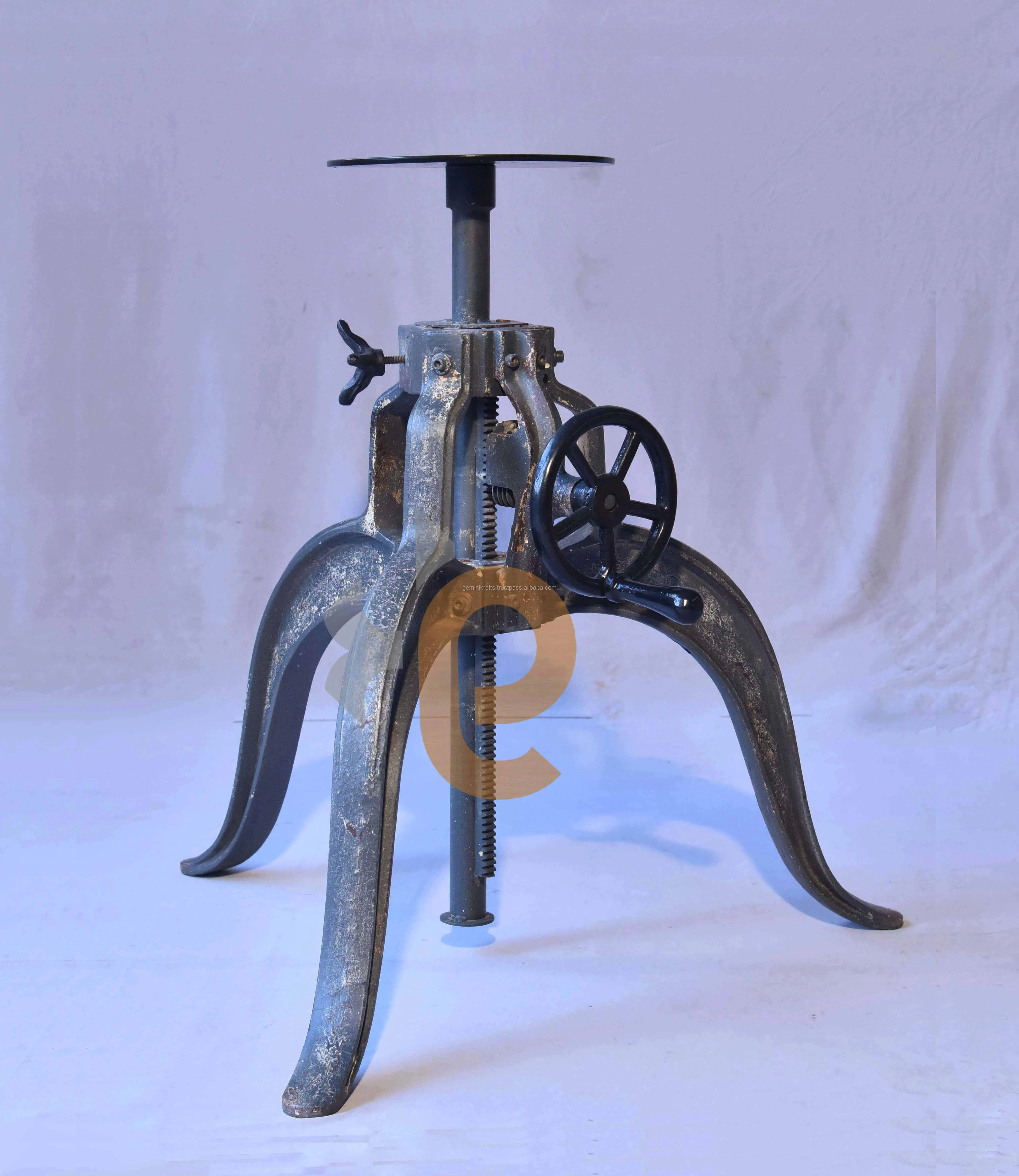 Distressed Finish Cast Iron Crank Table Base With Adjustable Height