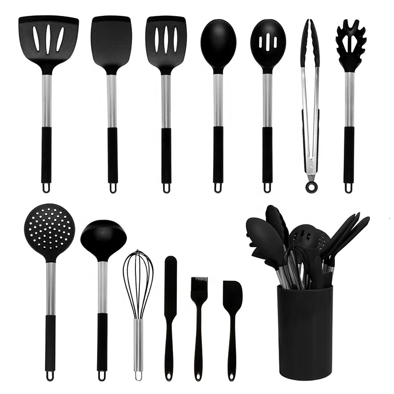 

Amazon silicone kitchen Accessories utensils set 14 pieces nonstick cooking Tools kitchen utensils with Stainless Steel Handle, Black/red/gray