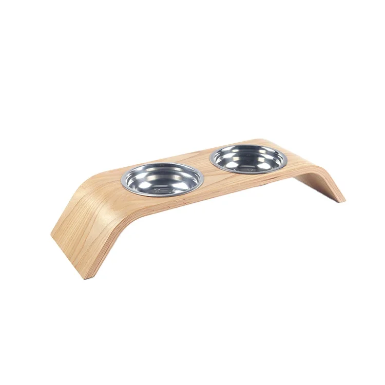 

Factory Wholesale Dog Food Bowl Holder Wooden 2 Compartments Pet Dining Table Pet Bowls & Feeders Food Storage for Dogs, Natural wood