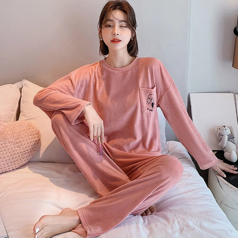 

Spring autumn new style sleepwear simple design two piece sets hairy pajamas for women