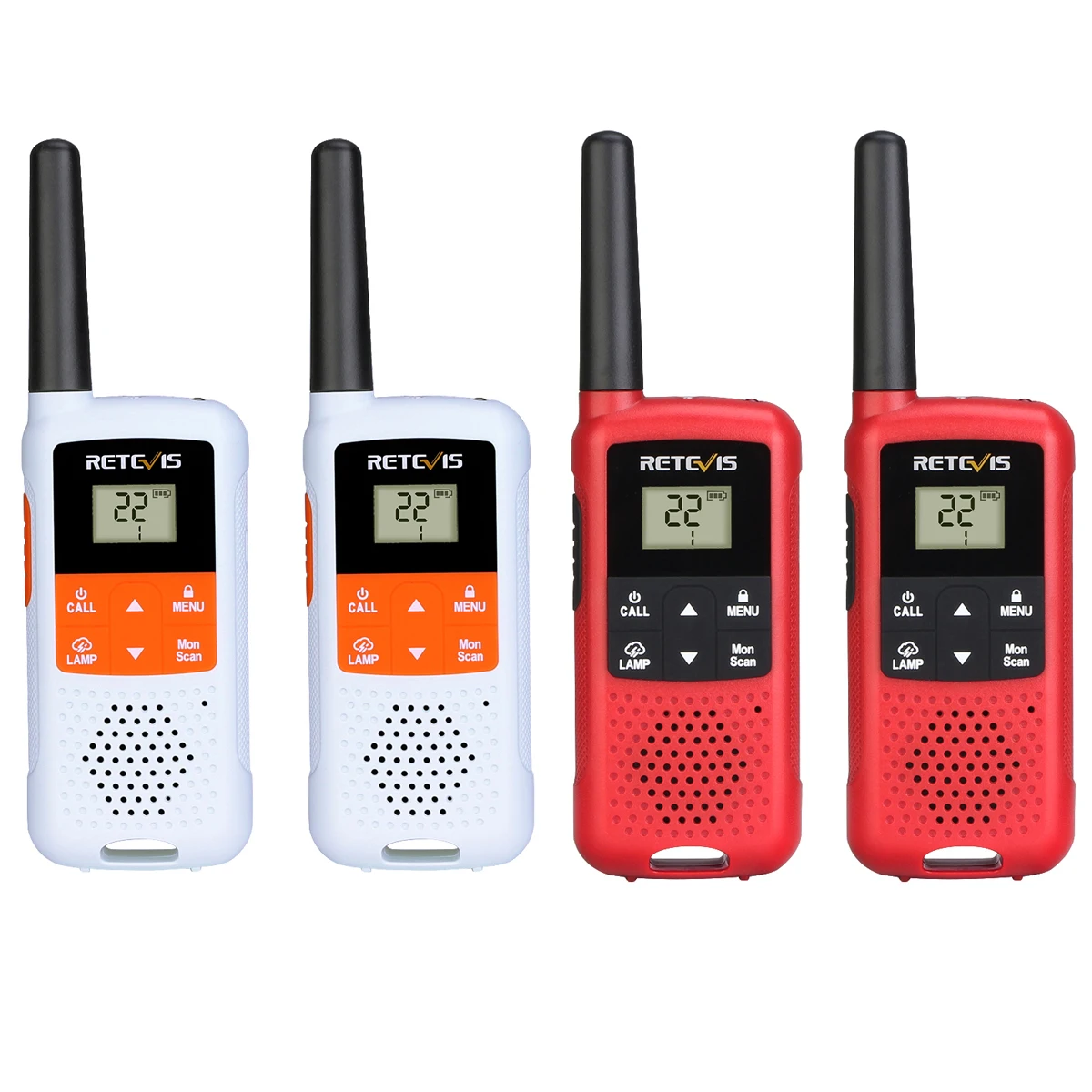 

Outdoor NOAA walkie talkie Retevis RT49B License-free FRS Handheld Two Way Radio communication 22CH VOX Radio 1000mAh Monitor, White/red