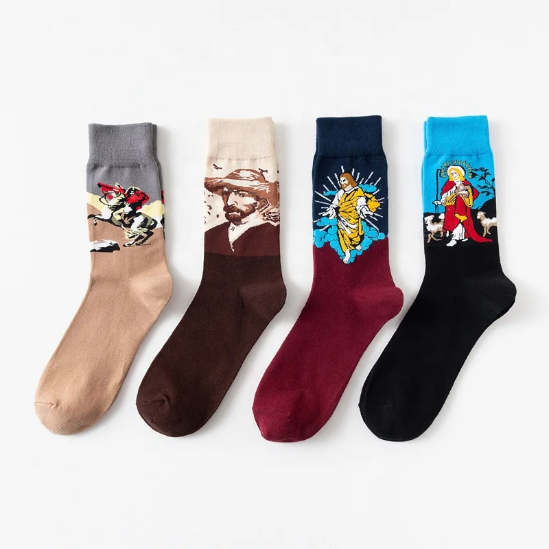 

Men's personality oil painting jacquard crew socks, Pantone color