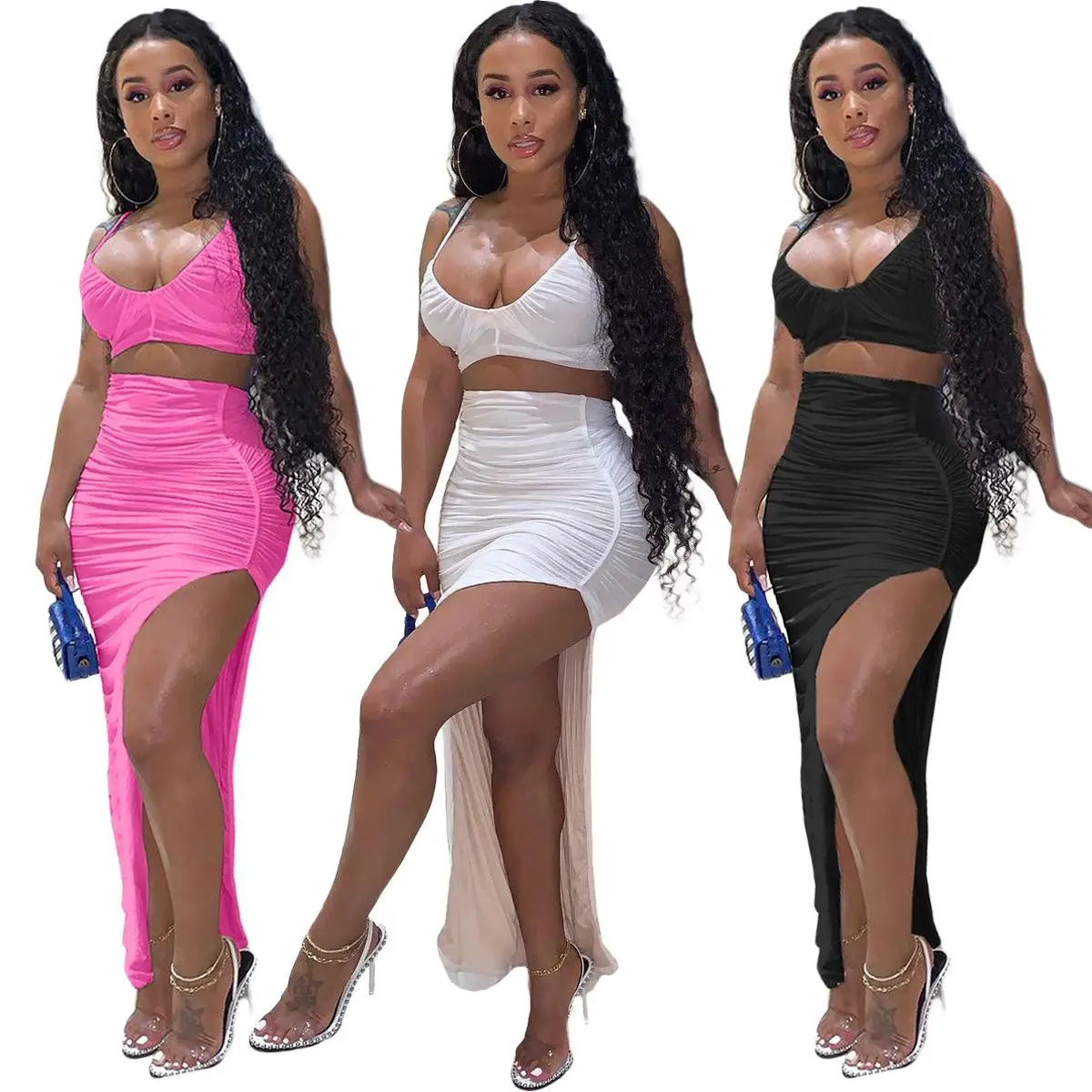 

2021 Sexy Women Summer 3colors Bra Crop Top With Ruffle Skirt Split Two Piece Skirt Set