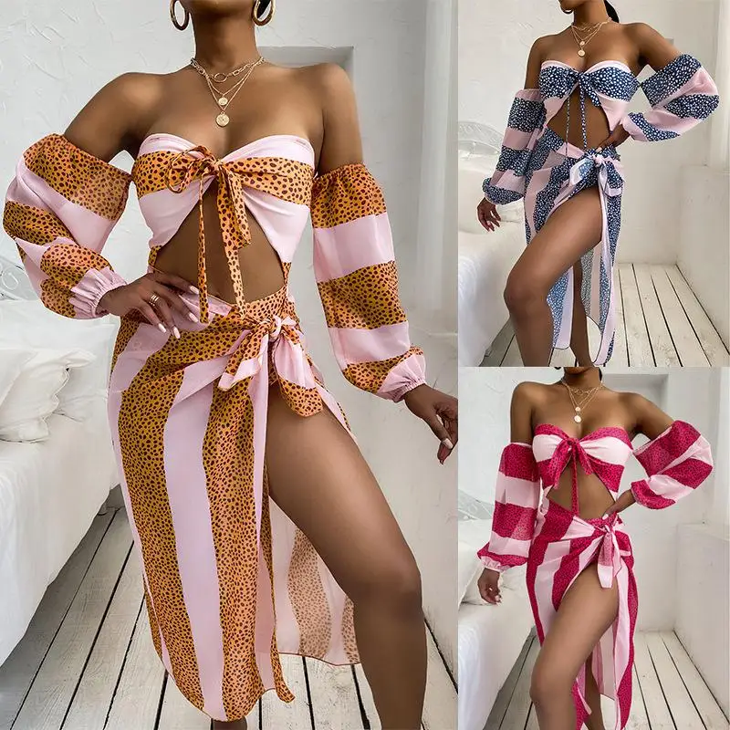 

2021 Custom Swimwear Beach Cover Up Swimwear Bikini 3 Piece Leopard Long Sleeve Backless Swimsuit Beachwear Bandage Bikini Set