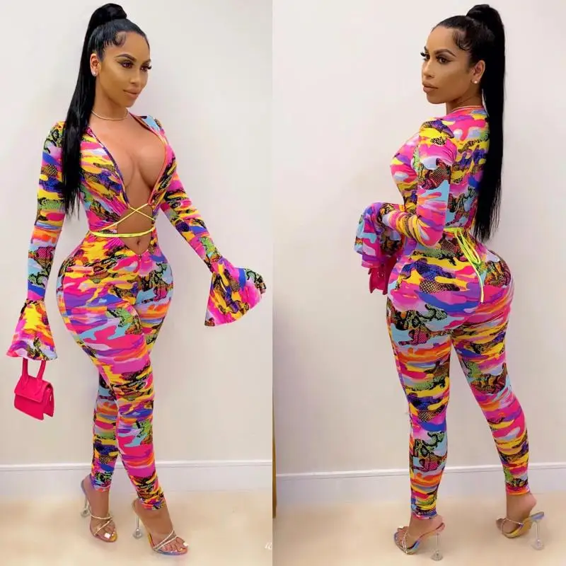 

Plus Size Fall Clothing Sexy Hollow Out Bandage Women Pants Printed One Piece Jumpsuit 2021