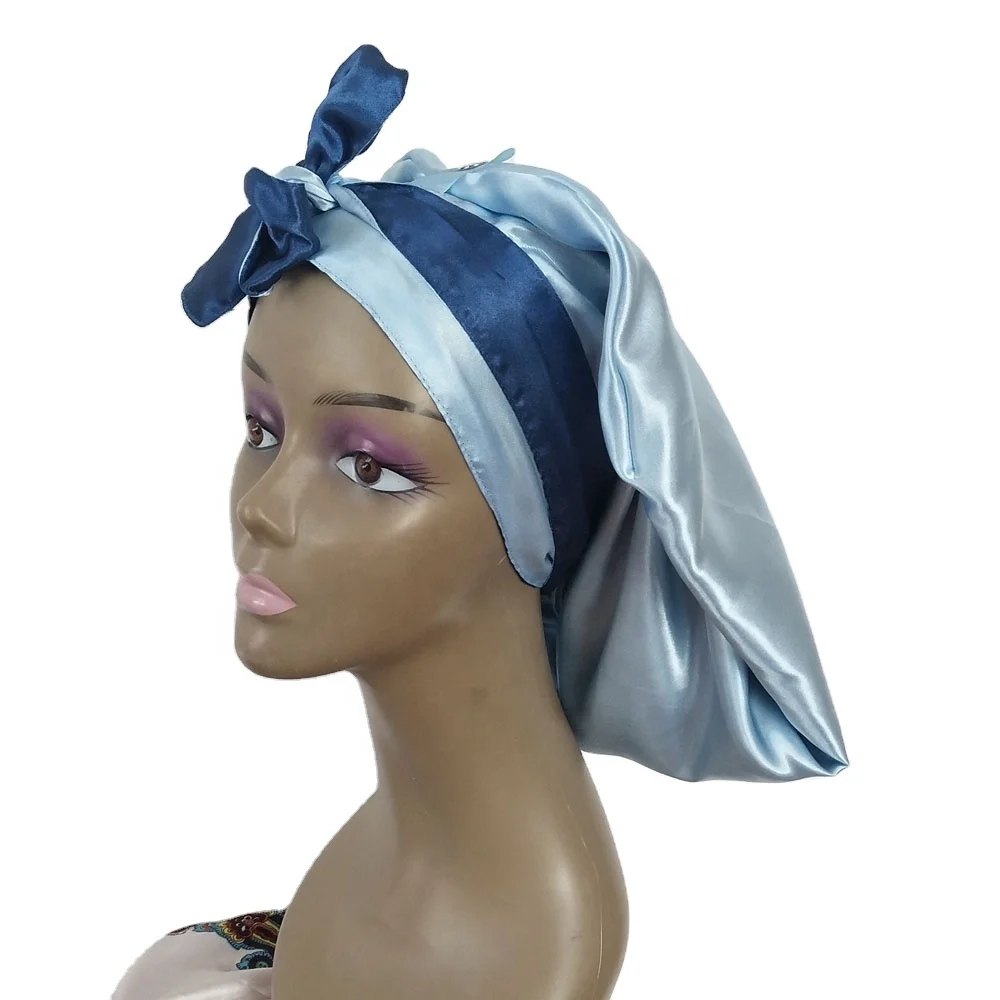 

25"Double Layers Adjustable Tie Headwrap Silk Slap Clasped Satin Bonnet Women Braids Hair Sleep Caps