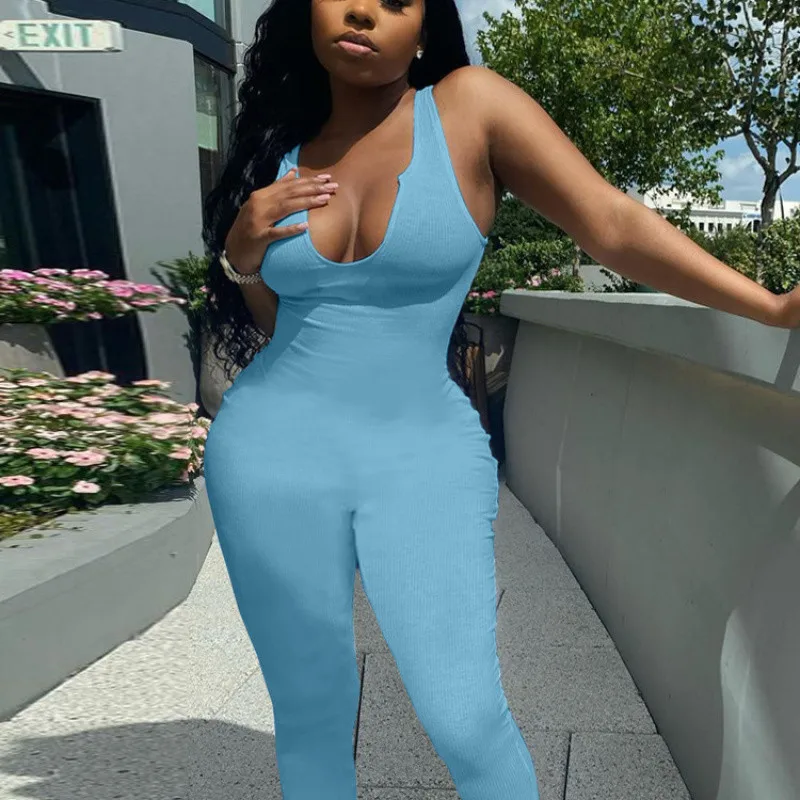 

2021 Ladies Street Fashion clothing Stylish Summer Sexy Ribbed Sleeveless Tight Women White Rompers Jumpsuit, White,black,yellow,orange