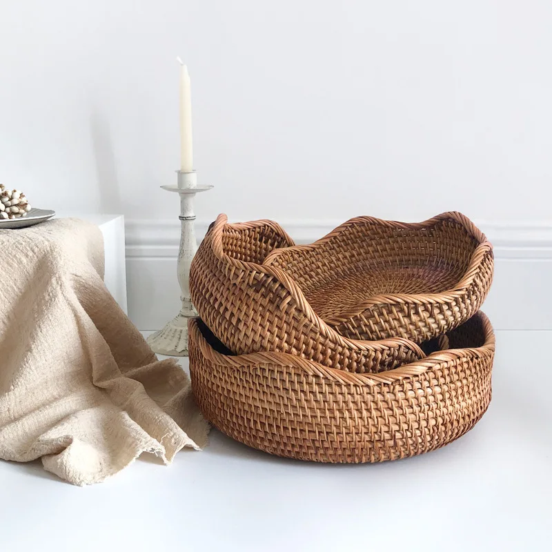 

Linkcho handicrfats Rattan Handmade Serving Tray Fruit Decorative Wicker Woven Storage Basket