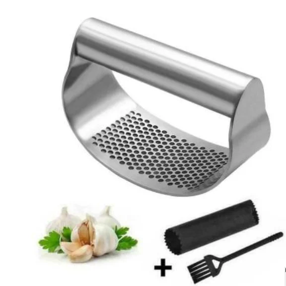 

Stainless Steel Manual Garlic Press Curved Garlic Grinding Slicer Chopper Multi-functional Garlic Presses Cooking Gadgets Tool, Black handle