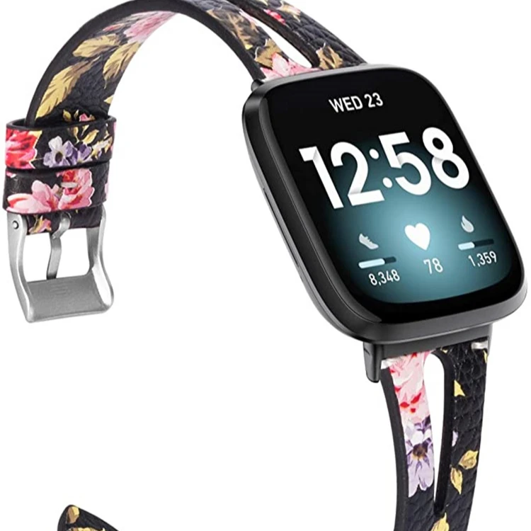 

2021Top Layer Leather watch band Smart Watch genuine leather band Compatible with Fitbit Versa3, Black pink grey