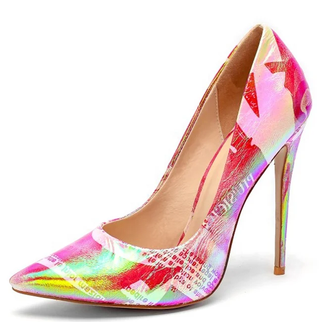 

Low MOQ Fluorescent Print Women Pumps High Heels Female Stiletto Shoes Women Big Size 45 Dress Shoes, Pink blue