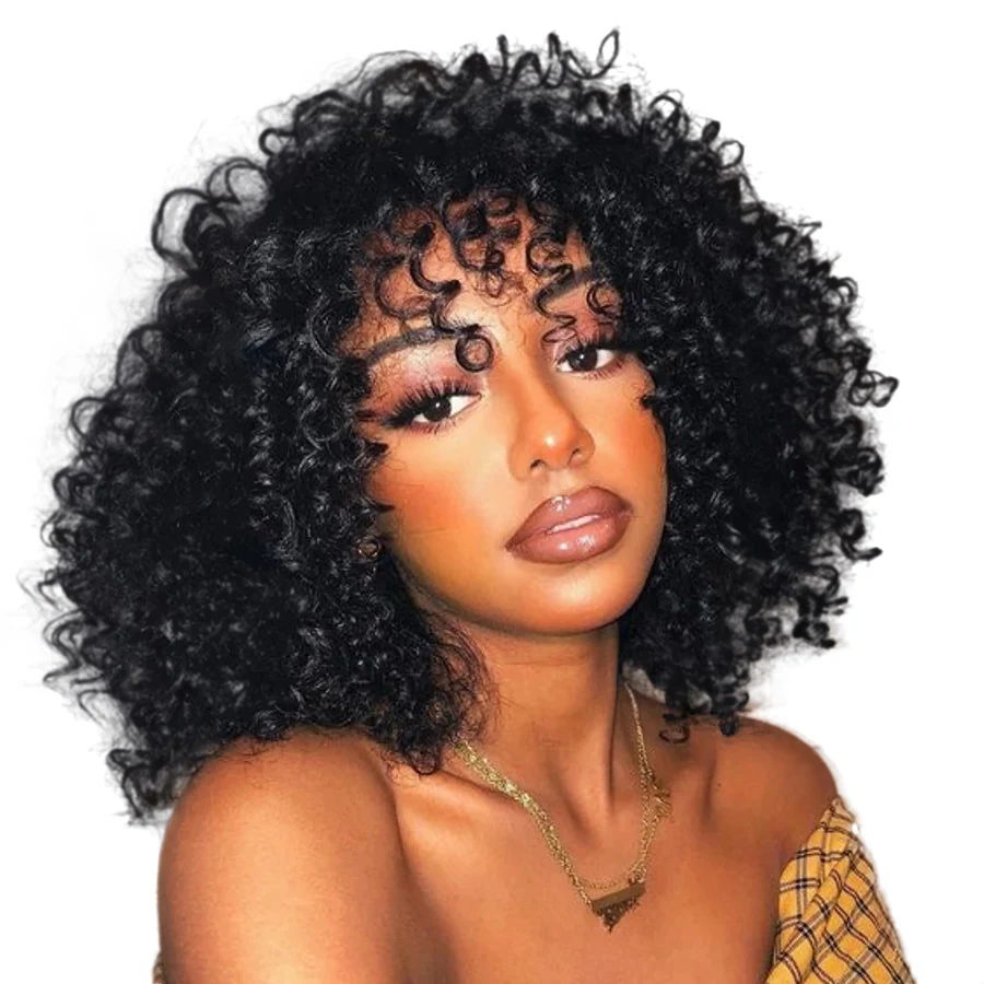 

12A Virgin Hair Afro Kinky Curly Bob Wigs With Bangs Short Curly Wigs For Women Remy Pre Plucked Brazilian Human Hair Wigs