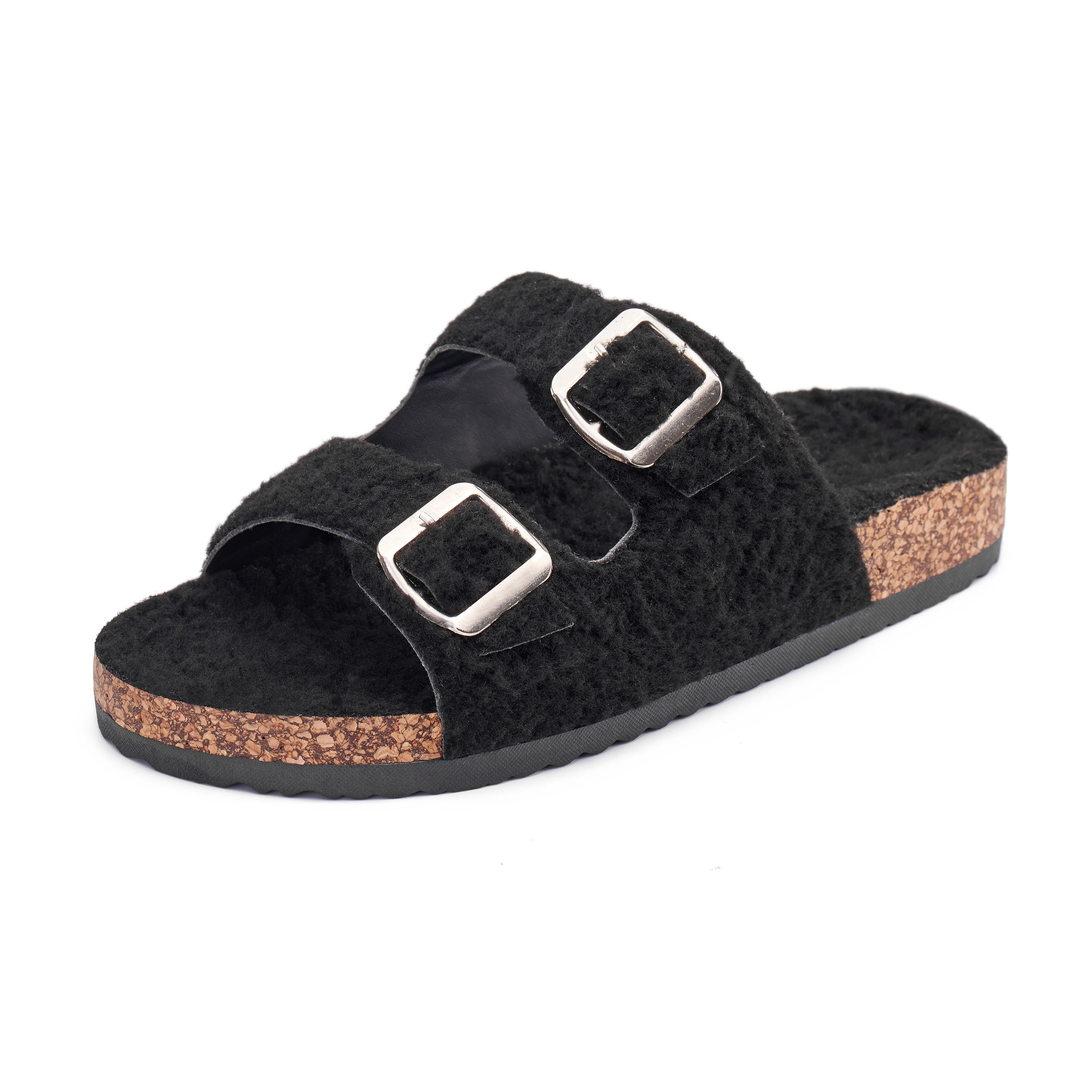 

2022 Unisex Flat Slide Sandals Two Straps Buckle Slip on Slides Arch Support Synthetic Fur Garden Shoes