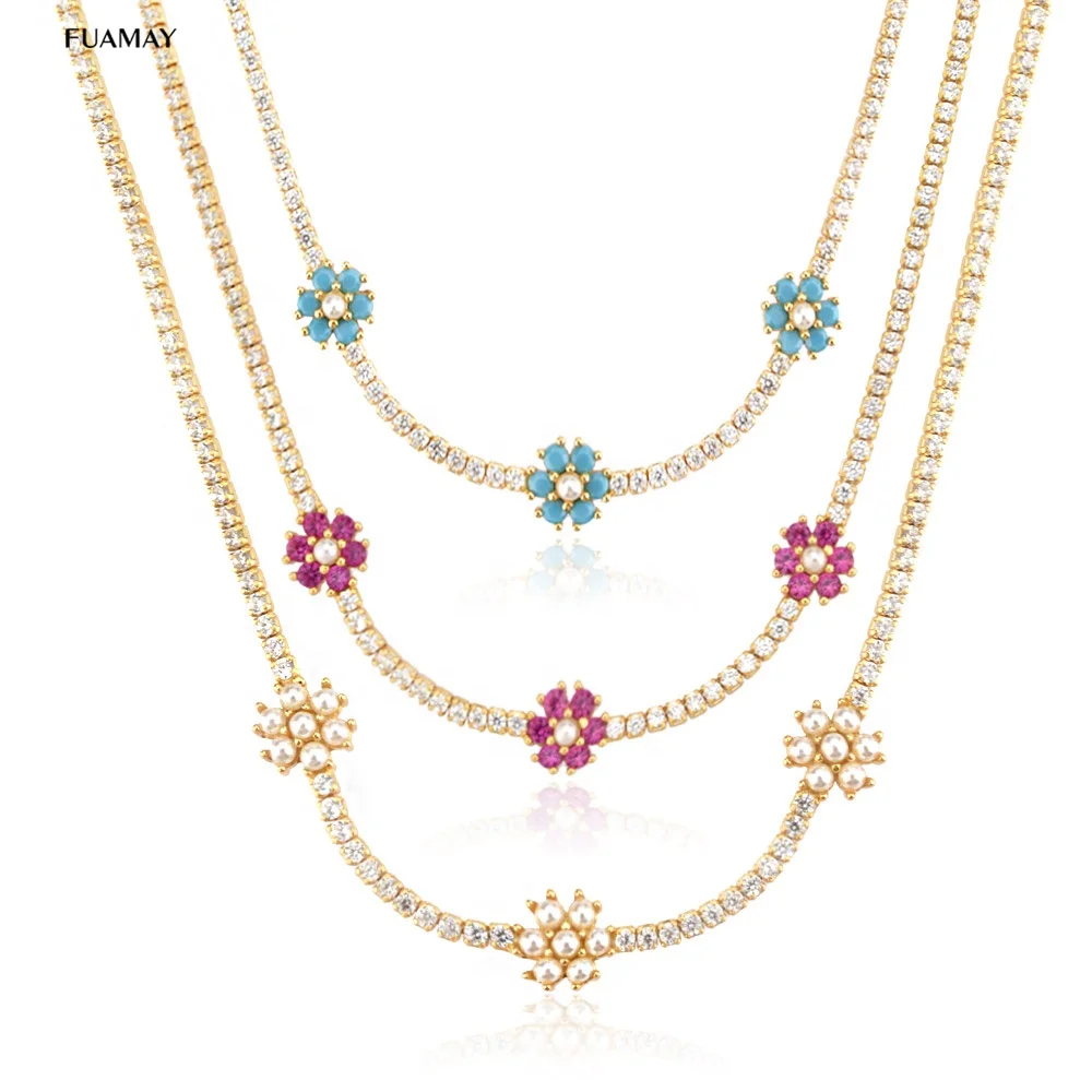 

FUAMAY Woman 16 Inch Tennis Necklace 18K Gold Plated Flower Freshwater Pearl Diamond Necklace Tennis Chokers