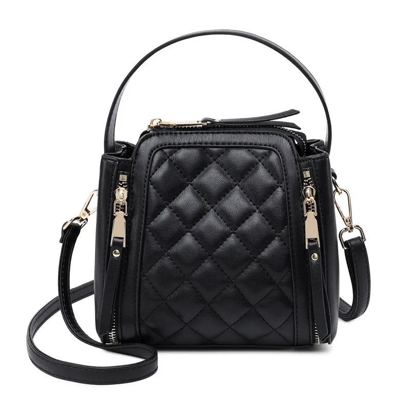 

2021 New Small Bag Female Messenger Handbag Bucket Embroidered Thread Rhombus Small Black Bag