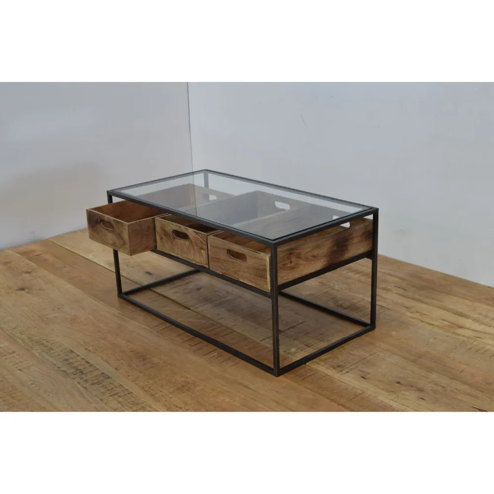 工业城市阁楼玻璃托盘抽屉咖啡桌