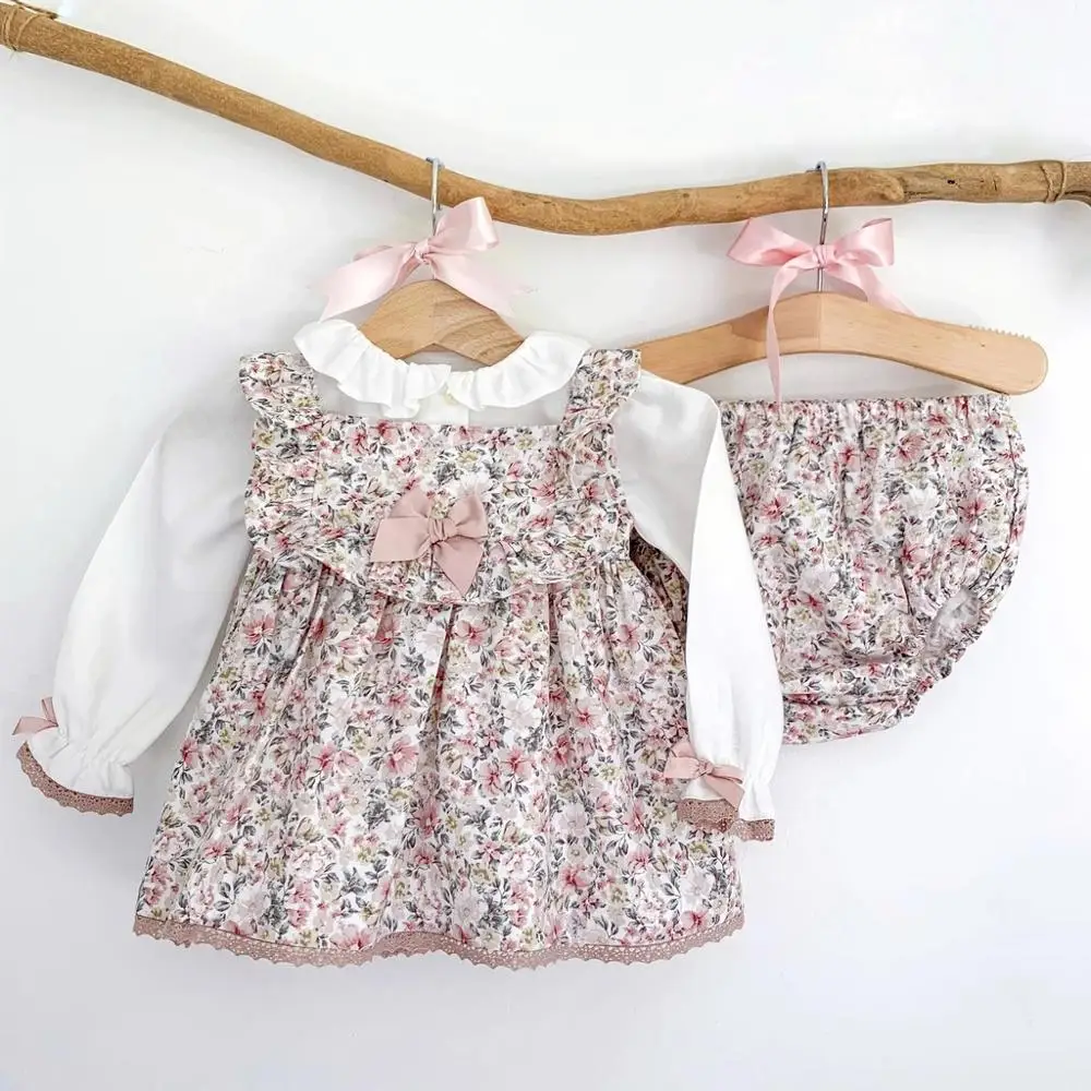 

Toddler infant clothes summer floral baby girl 3-pcs dress bloomer set, Accept customized