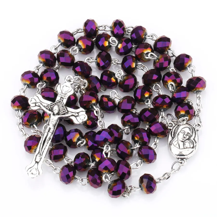 

2021 Komi Hot selling Rosary 8*6mm Glass Crystal Beads Jesus Cross Pendant Christ Maria stock Rosary necklace