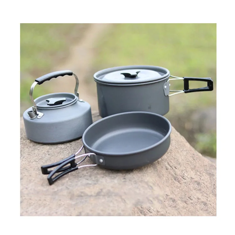 

wholesale Outdoor camping Cooking Pot 3 Set Mess Kit Camping Cookware picnic, Sliver