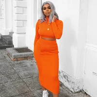

Casual Solid Color Long Sleeve Crop Top And High Waist Womens 2 Piece Skirt Sets
