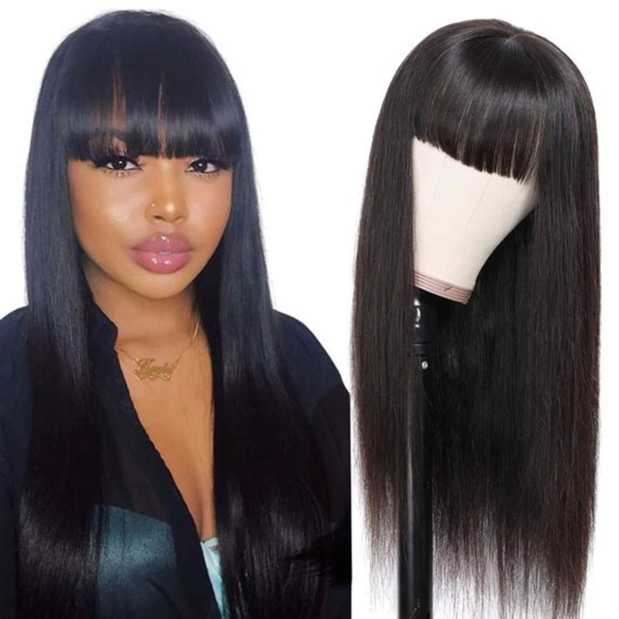 

Wholesale Cheap Straight Human Hair Wigs With Bangs Full Machine Made Wigs Peruvian Remy Hair Transparent/Hd Swiss Lace Wig