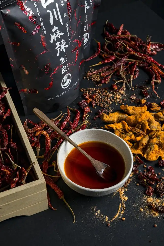 
OYUFISH Sichuan Hot & Spicy 100g grams . Best Sichuan Hot & Spicy Fish Skin Salted Egg Fish Skin & French Fries in Malaysia & SG 