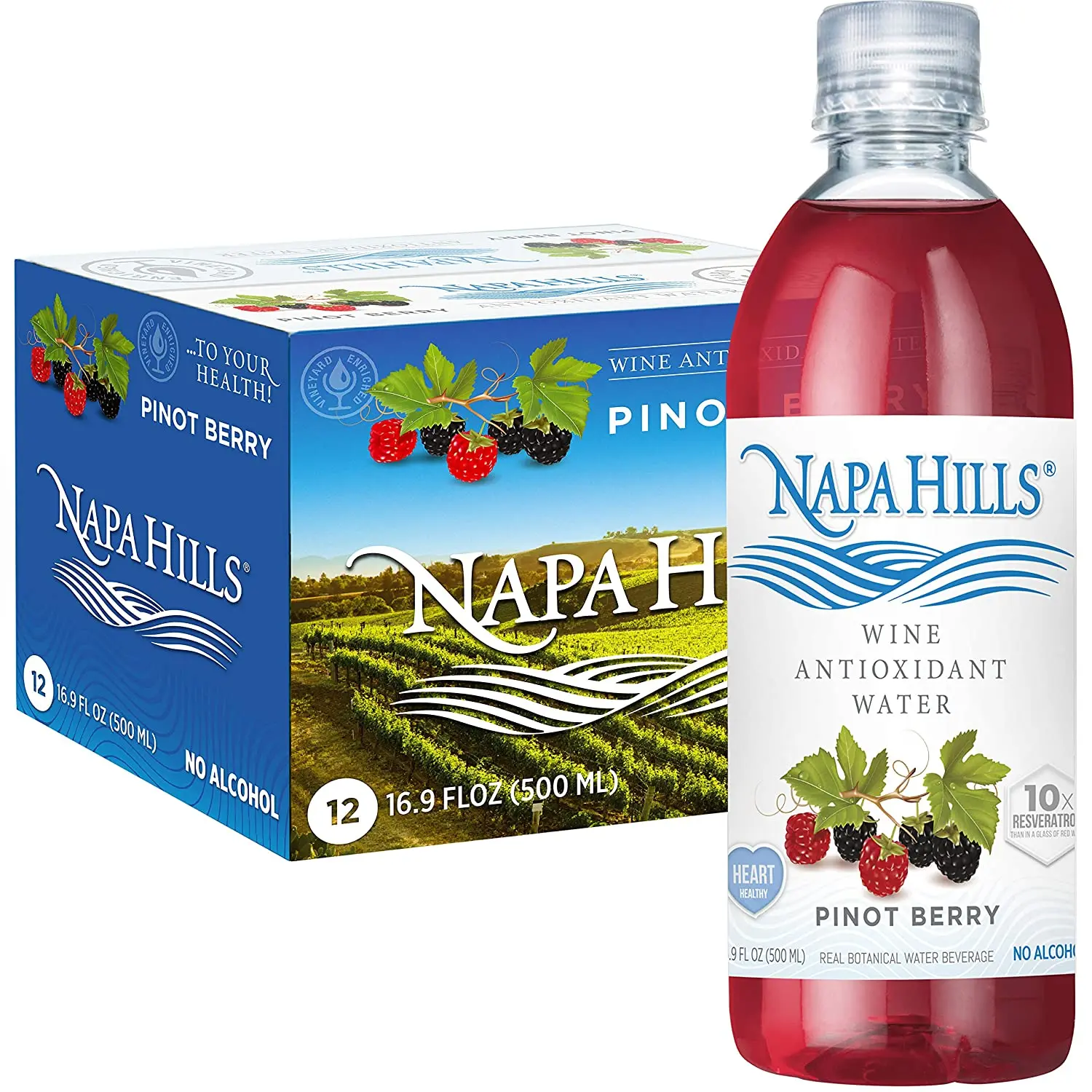 
Napa Hills Wine Antioxidant Water Pinot Berry Flavored Wine Water Non Alcoholic Resveratrol Enriched Drink Berry 12 Pack 