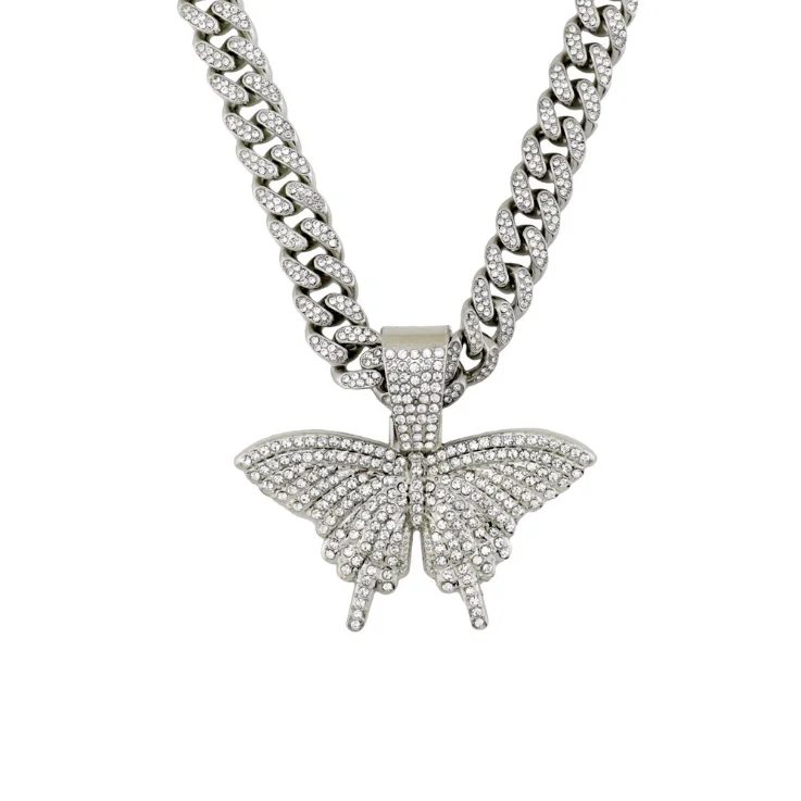

Wholesale Jewelry Women Men Full Diamond Crystal Cuban Link Gold Buterfly Necklace