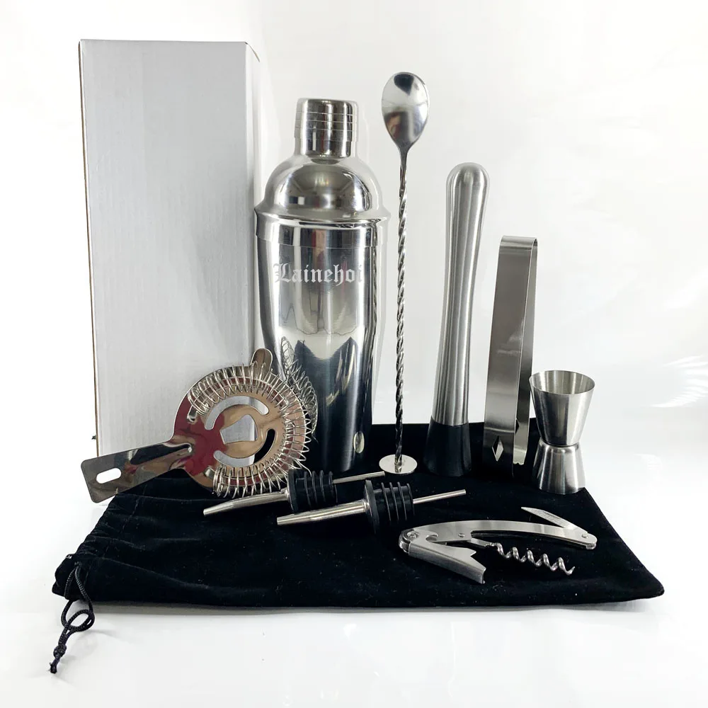 
Factory Customize 9pcs Home Bar Food Grade SS304 Stainless Steel Mixology Bar tools Bartender Kit Cocktail Shaker kit 