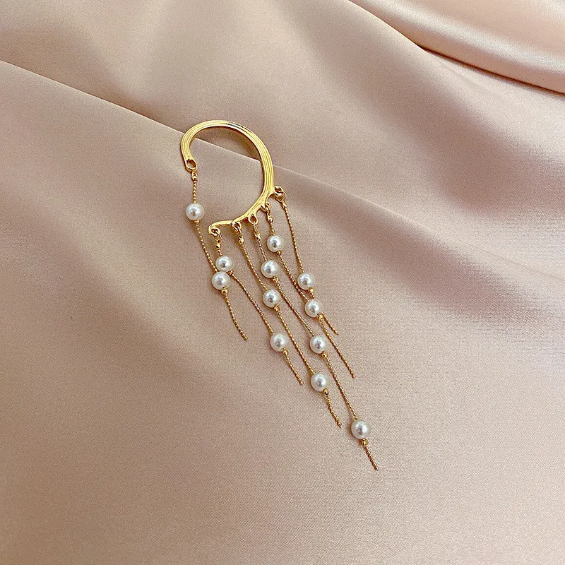 

AIMGAL Ear bone clip character pearl earring tassel super fairy temperament long auricle ear hanging earrings