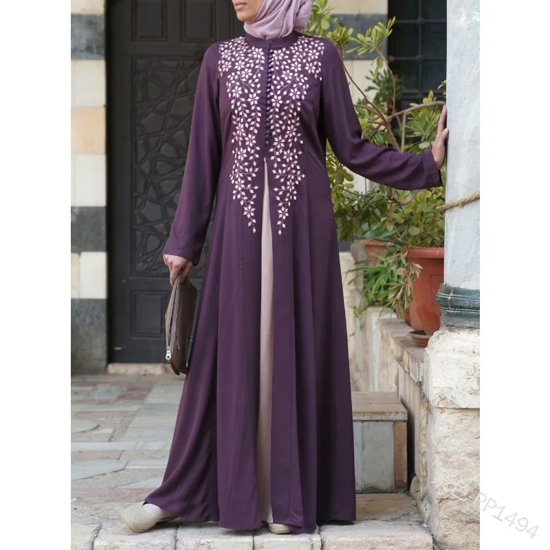 

Foreign trade new national women stand collar color contrast Muslim Print Long Sleeve Dress Robe, Picture