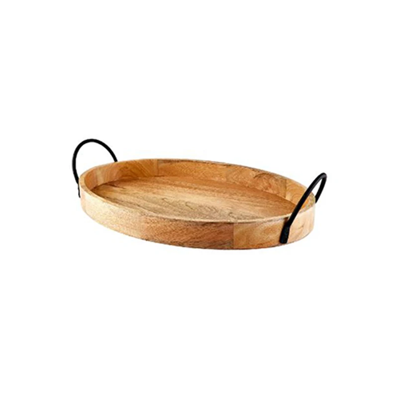 Hot selling Round Wood Light Weight Tea, Coffee ,Snack, Food Serving Tray With Black Metal Handles Designer Decorative Platters