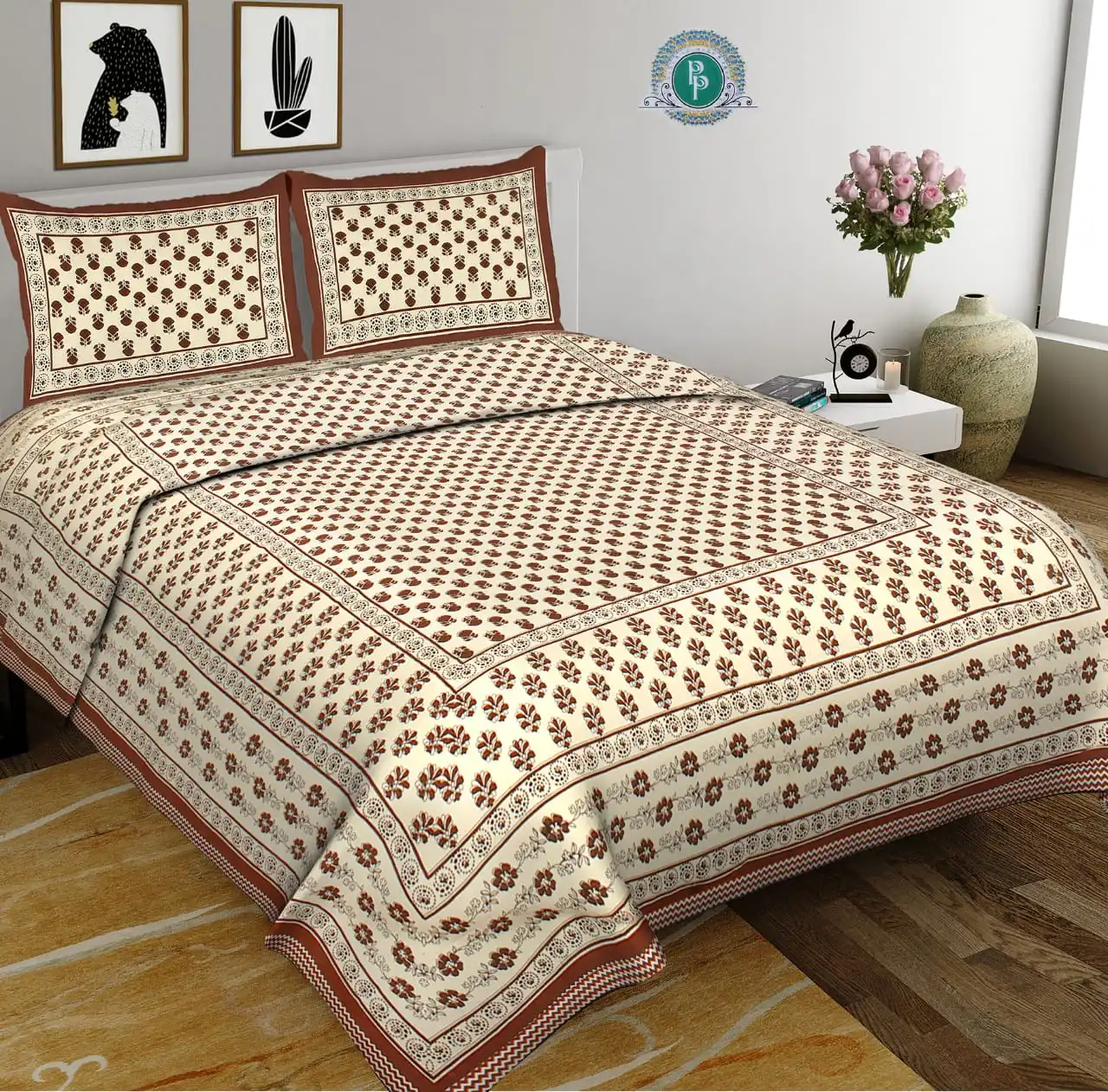 Indian Sanganeri Floral Print 100 Cotton Bed Sheet King Size Bedsheet