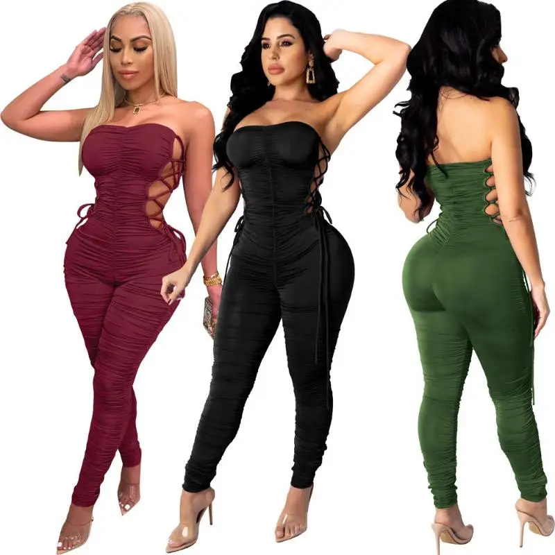 

2021 New Arrivals Fashion Women Casual Low Cut Sexy Bandage Pleated Solid Custom Jumpsuit