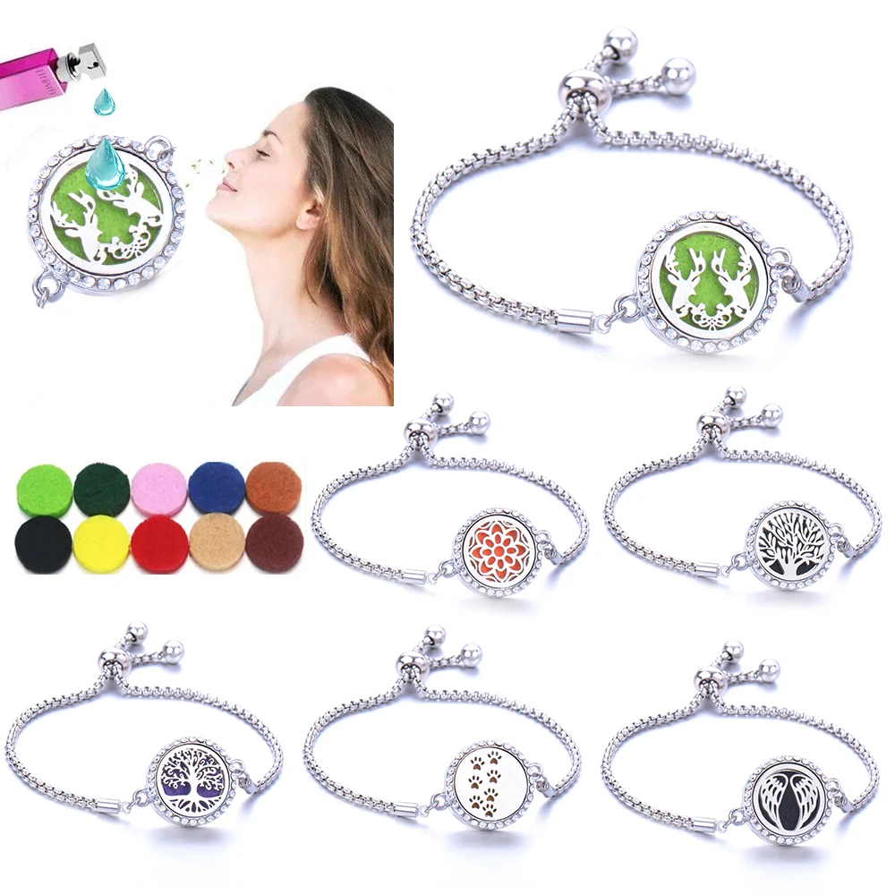 

Women's Delicate Adjustable Healing Stainless Steel Diy Aroma Tree Of Life Perfume Aromatherapy Essential Oil Diffuser Bracelet