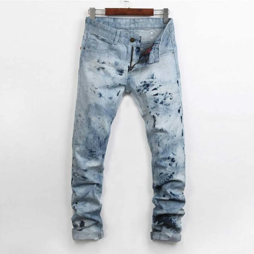 Custom Rhinestone Jeans Men's Denim Trousers Slim Blue Straight Zipper ...