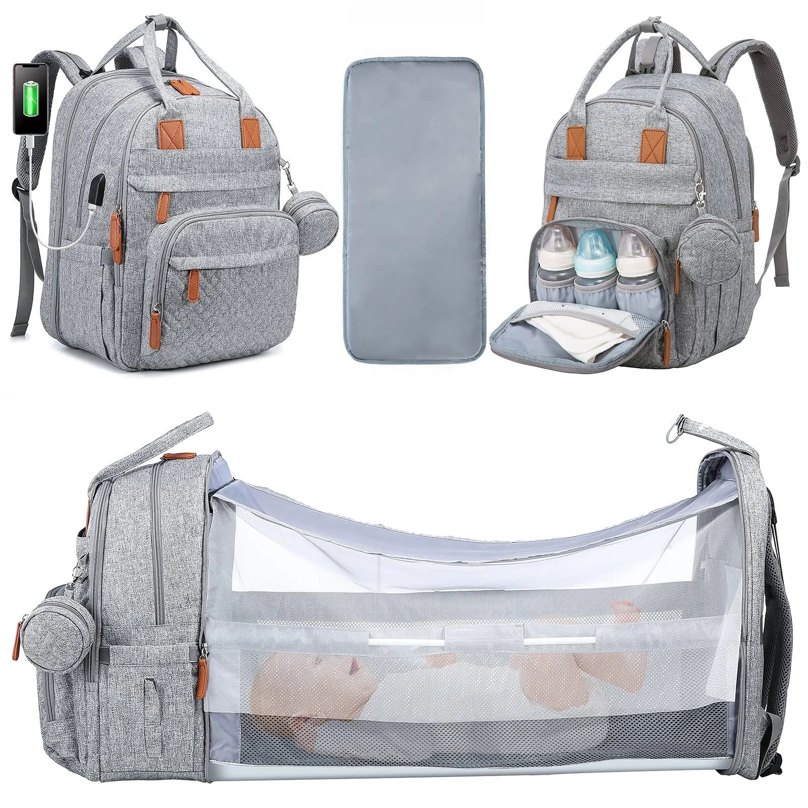 

Diaper Bag Backpack with Bassinet Multifunction Baby Bag with Portable Changing Station, Waterproof Travel