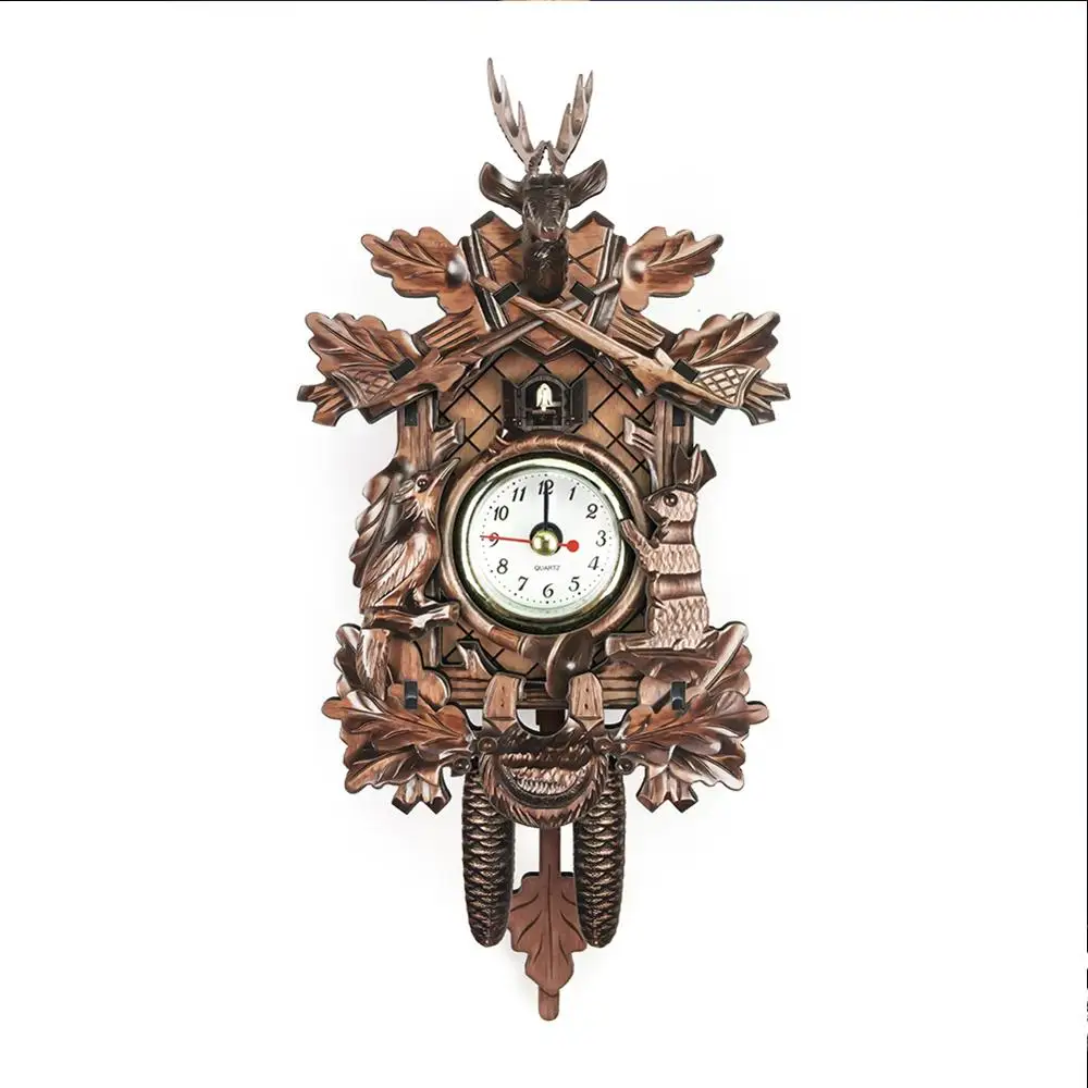 European Style Living Room Retro Wall Clock Handcrafted Wood Cuckoo Clock Deer Head