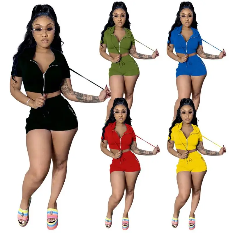 

2021 Hot Sale Solid Pants Outfits Two Piece Shorts Set Women Clothing Summer Casual Sport 2 Two Piece Set