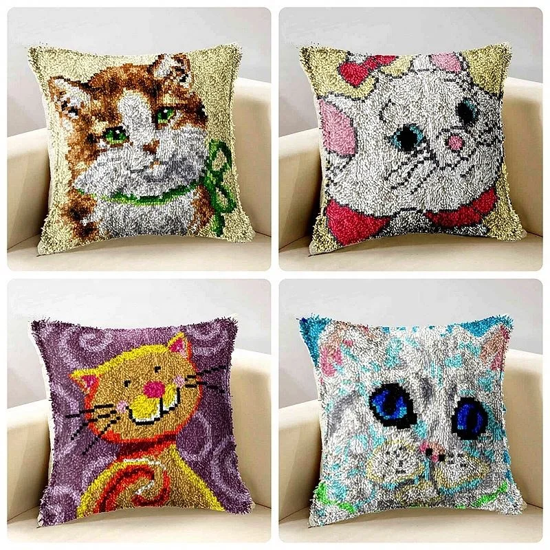 

New Latch Hook Cushion Cats Pillow Case Crochet Hobby & Crafts Diy Yarn For Embroidery Animals Art Cover Sofa Bed Pillows, Colorful