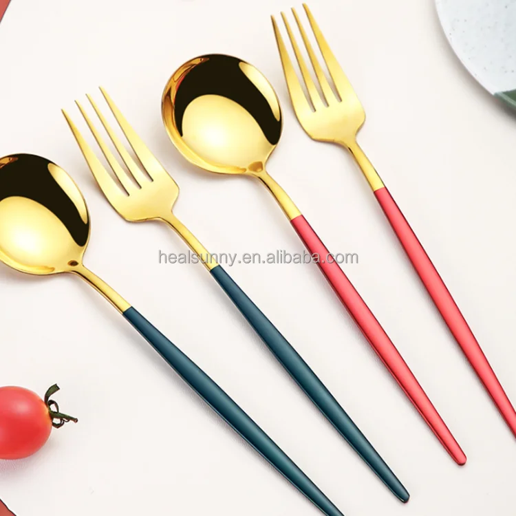 

Creative portable travel stainless steel flatware set chopsticks fork spoon three-piece set, Gold, black, color, etc. (can be matched freely)