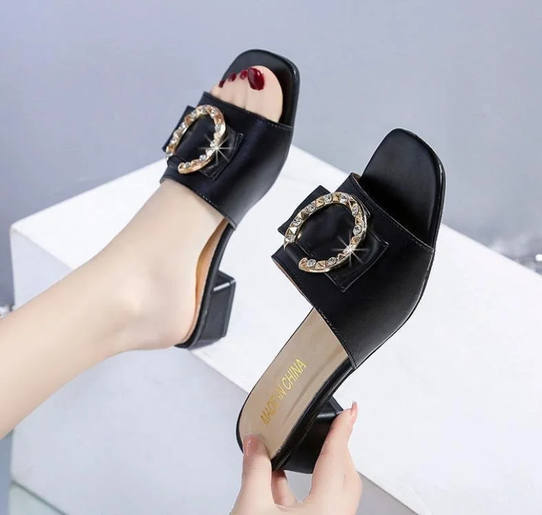 

2021 fashion half circle buckle women sandals for women and ladies shoes quality pu middle heels slippers slides open toe, Black, beige