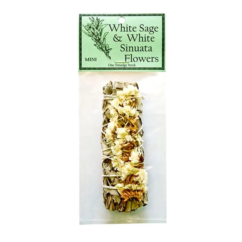 

White Sage Smudge Sticks with White Sinuata Flowers for Cleansing, Meditation, Yoga, and Smudging