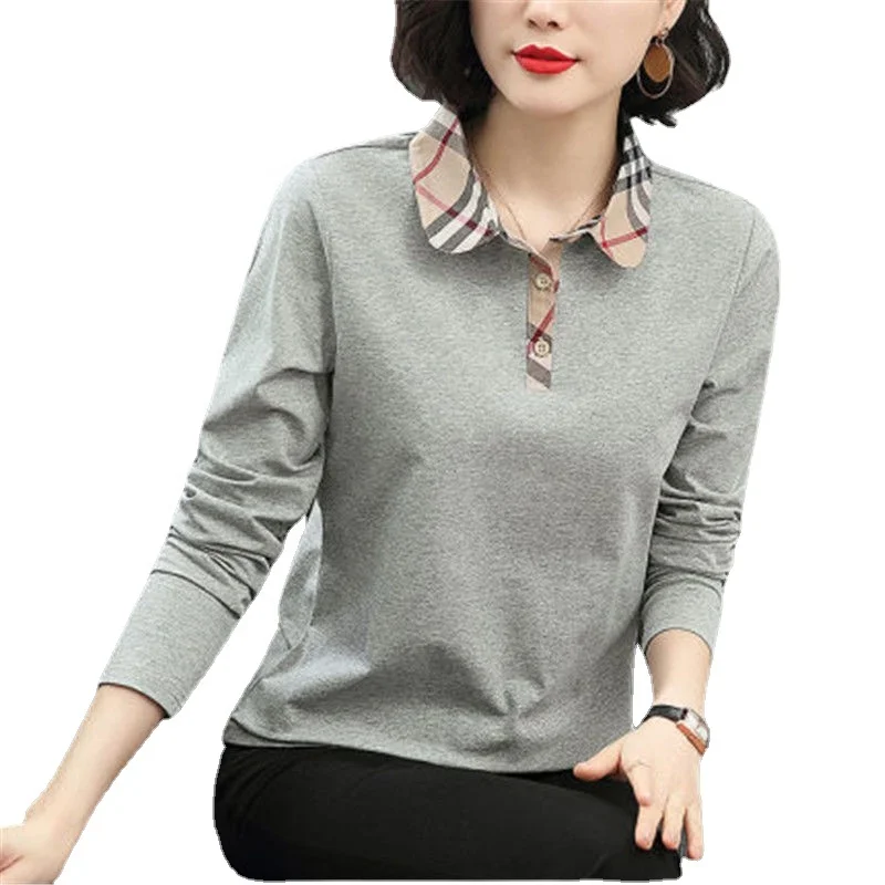 

High quality 2021 spring, summer and autumn new style lapel long-sleeved loose ladies T-shirt, Picture showed