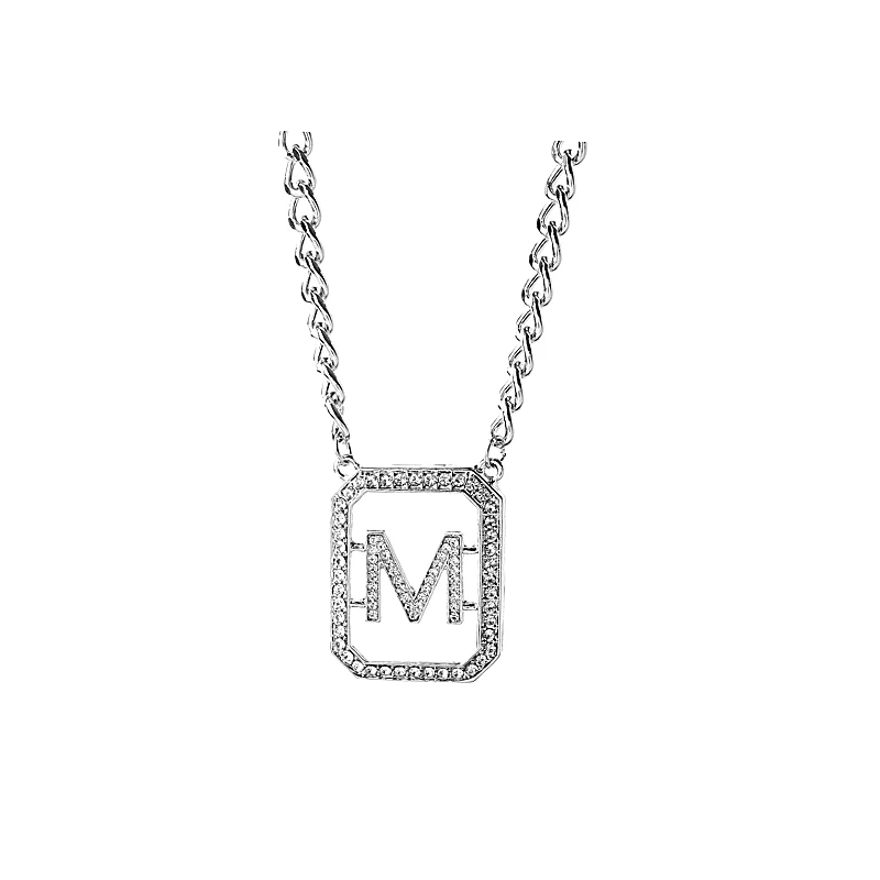 

Fukarni Diamond Letter M Cuban Link 925 Sterling Silver Luxury Pendants Chain Necklaces TN048