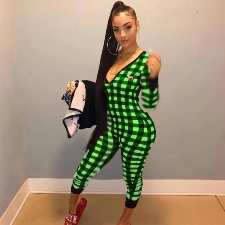Skinny V Neck Long Sleeve Plaid Jumpsuits For Women