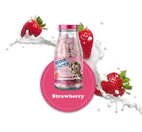 
Moo Chews 48 tablets bottle Strawberry Healthy Snack Kids and Toddlers Milk Tablet High Calcium NZ made 