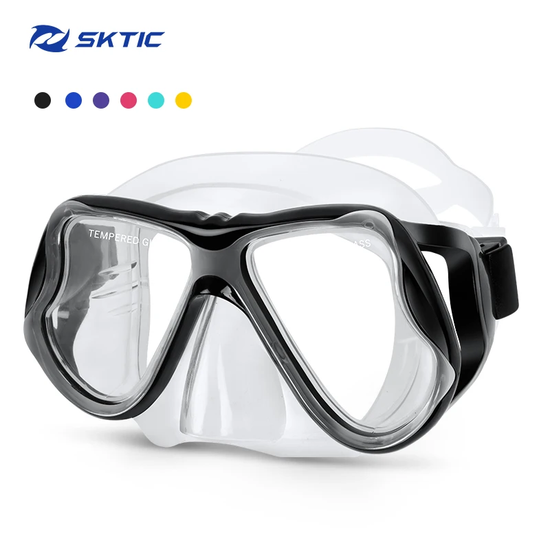 

SKTIC Factory Price Transparent Black Snorkel mask Soft Silicone Tempered glass Diving Mask Diving Glasses for adults