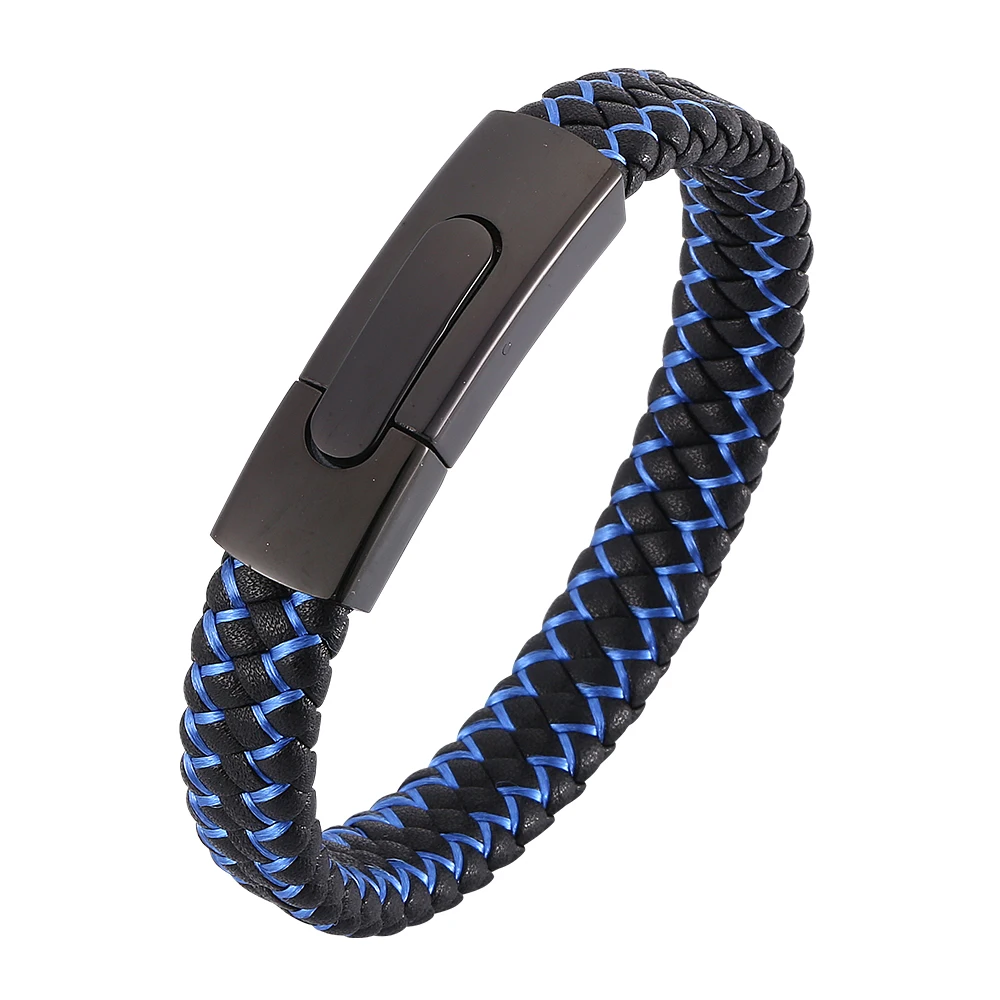 

Men Jewelry Black Leather Rope Blue Nylon Rope Mixed Weave Male Bracelet Stainless Steel Clasps Man Bangles SP0045